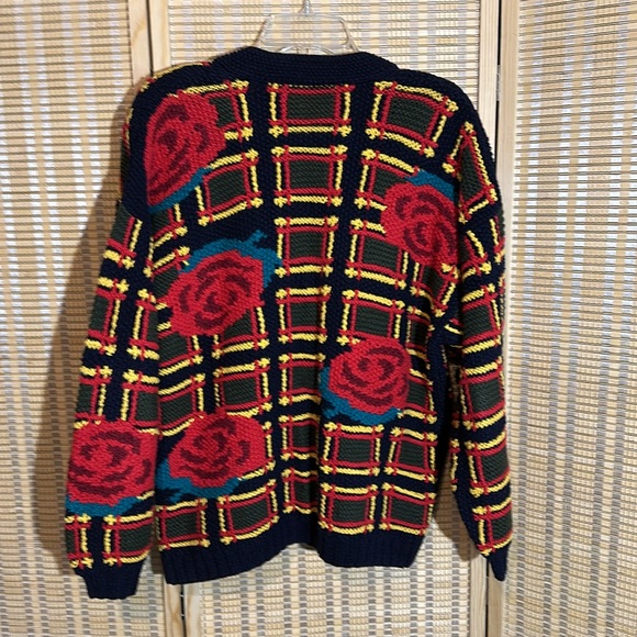 Vintage 1990s Black Chunky Knit Cardigan Square Large Floral Print Roses No Tags - Picture 12 of 16
